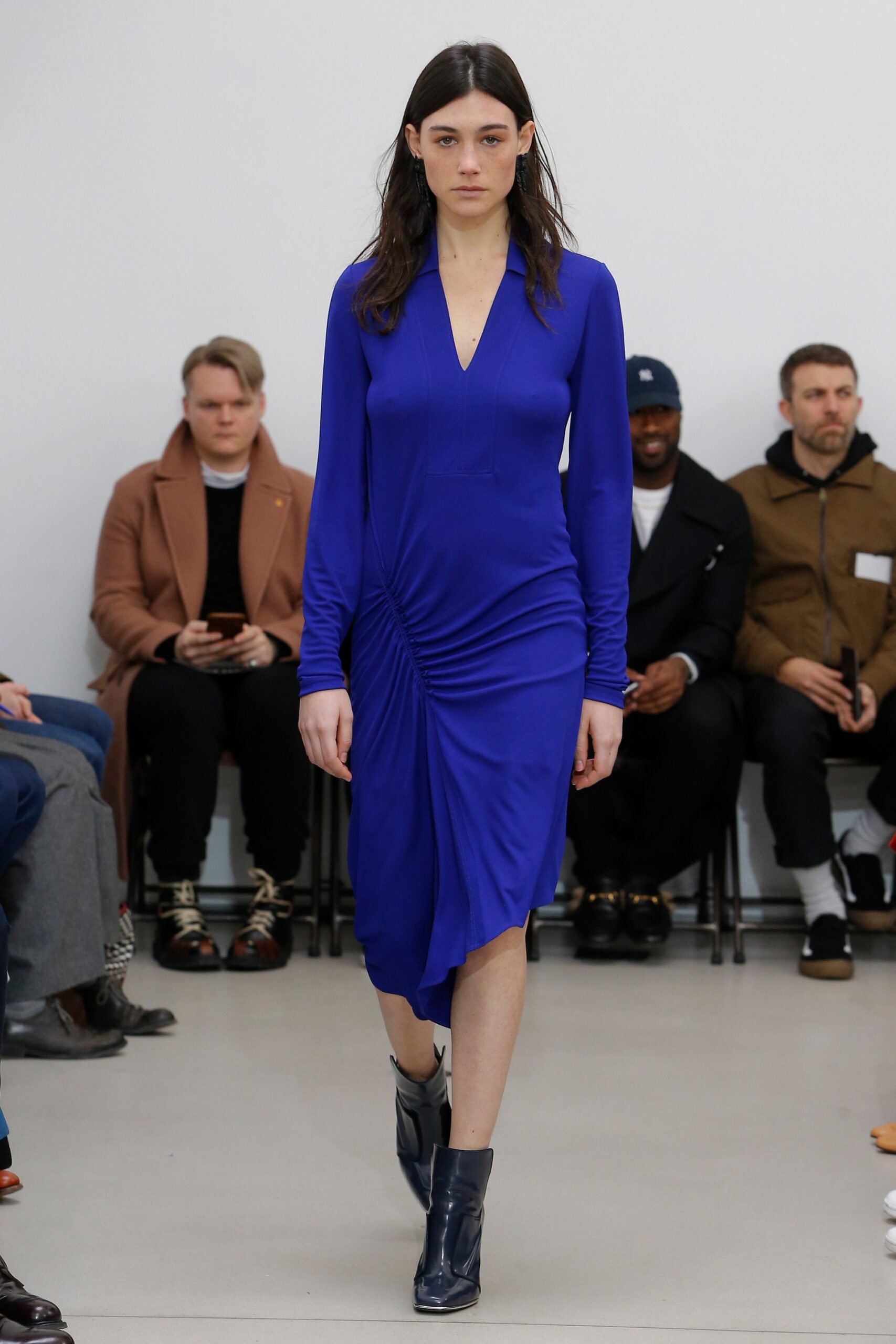 fitted blue silk midi dress
