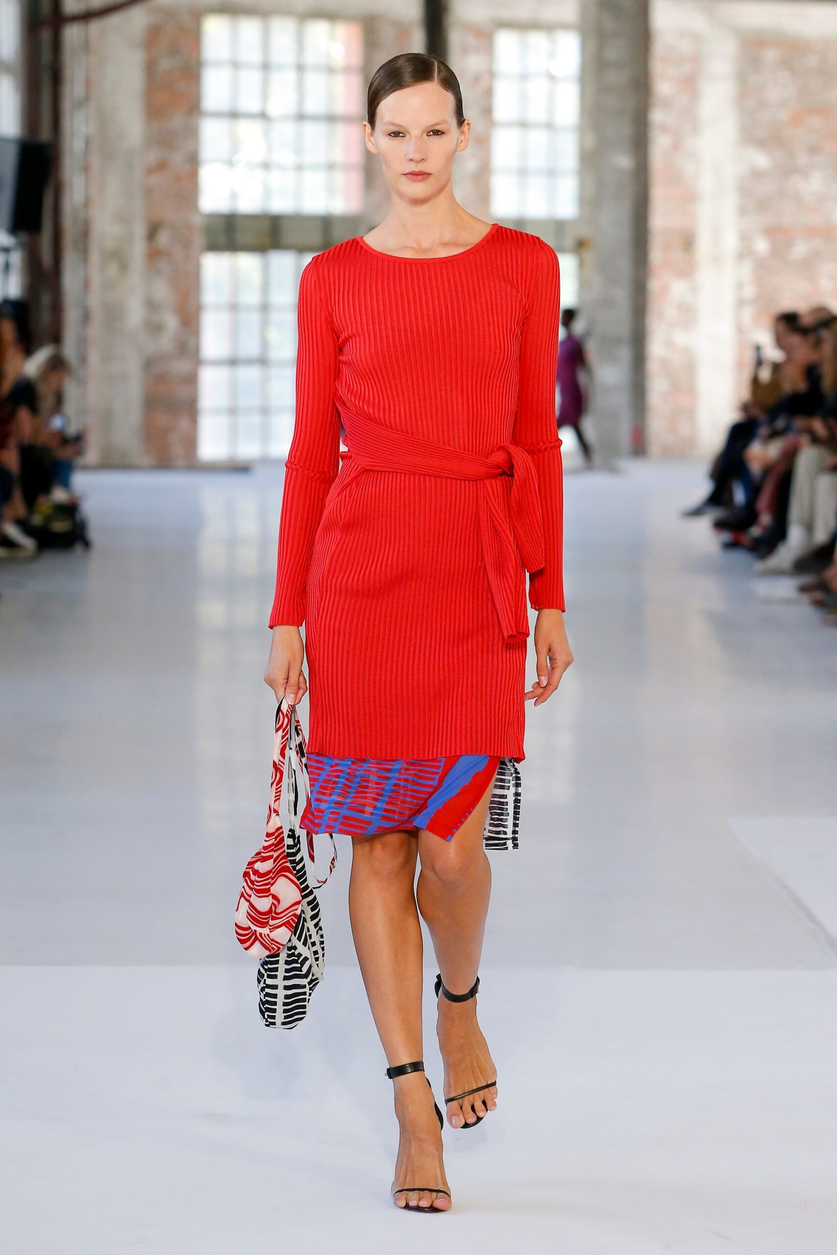 red knit long-sleeve scoop-neck fitted belted ribbed dress