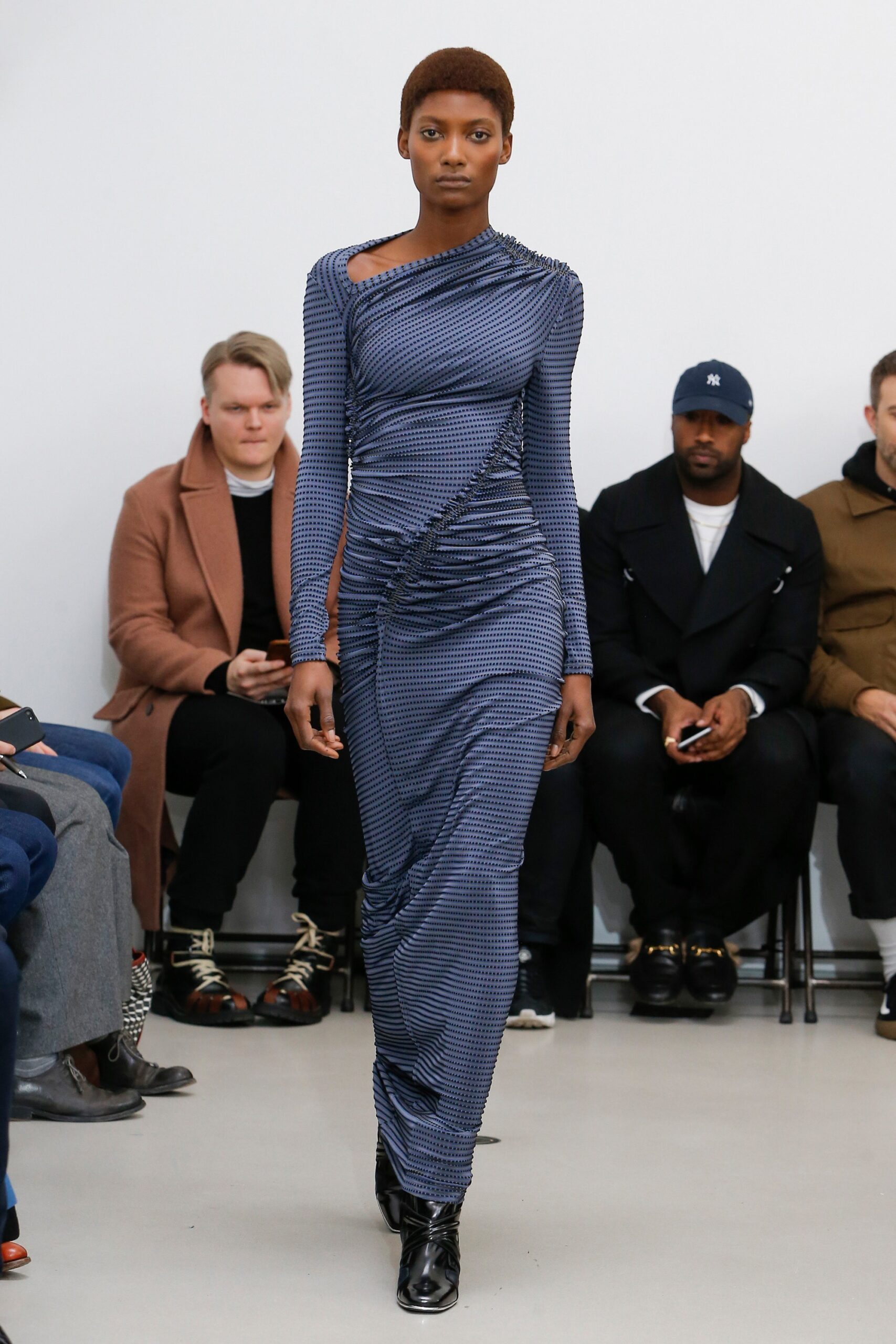 fitted blue jersey midi dress