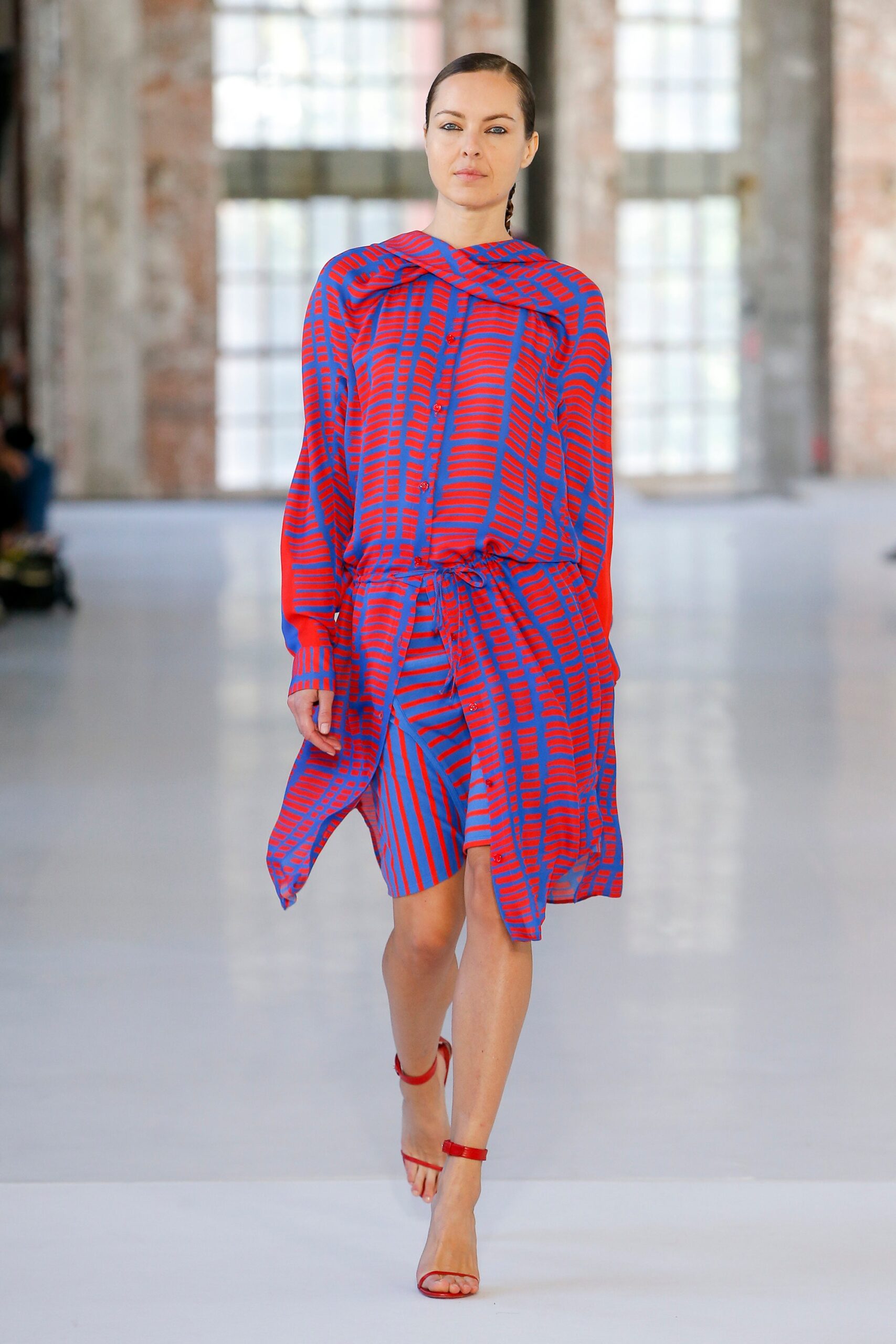 red and blue striped dress
