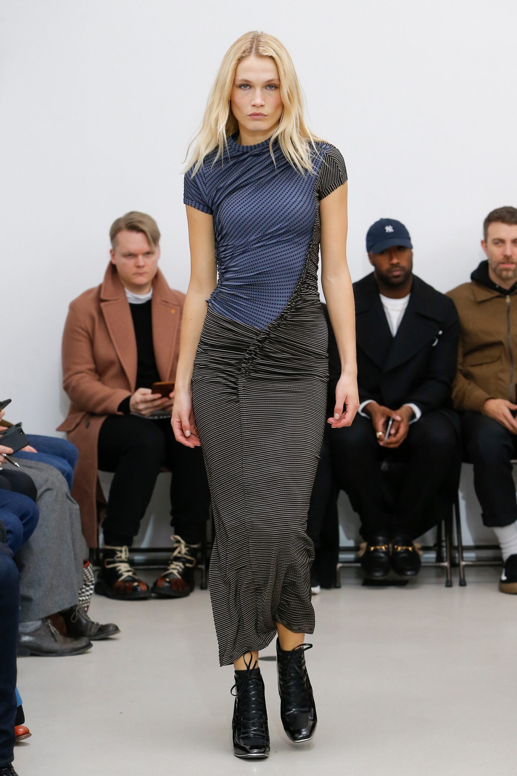 fitted blue black top with midi skirt