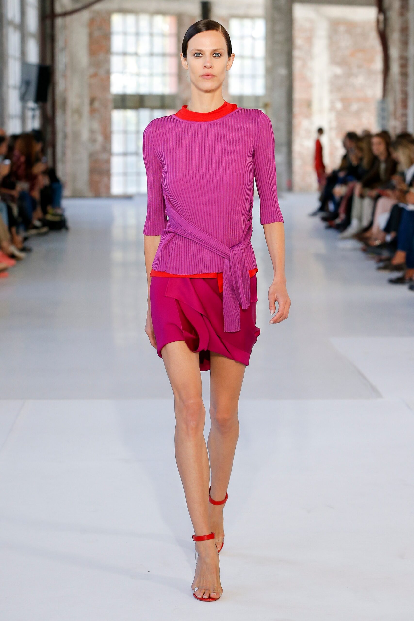 pink cotton asymmetric fitted short skirt