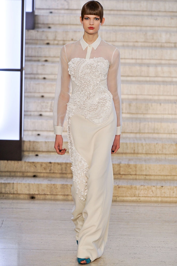 white silk fitted gown