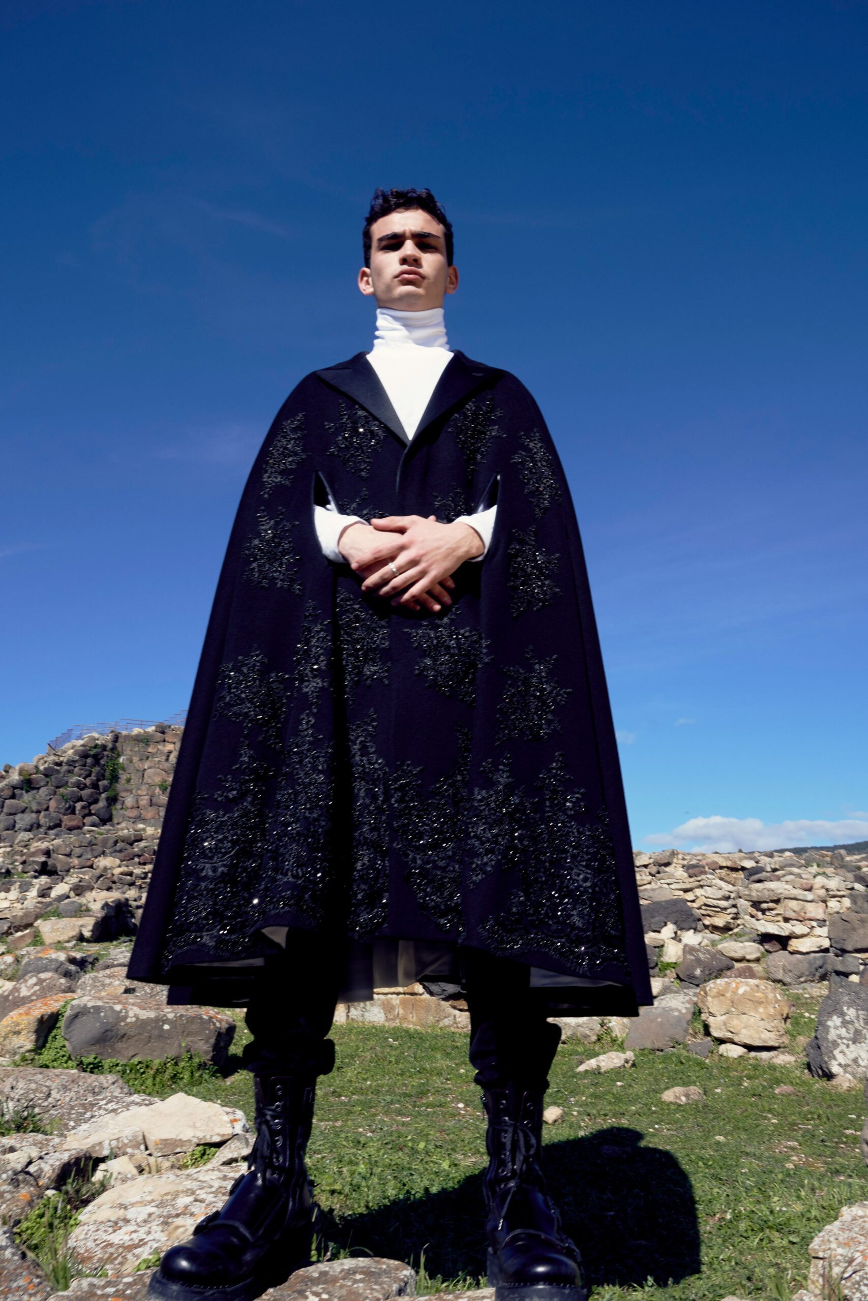 black wool long-sleeve high-neck relaxed embroidered cape