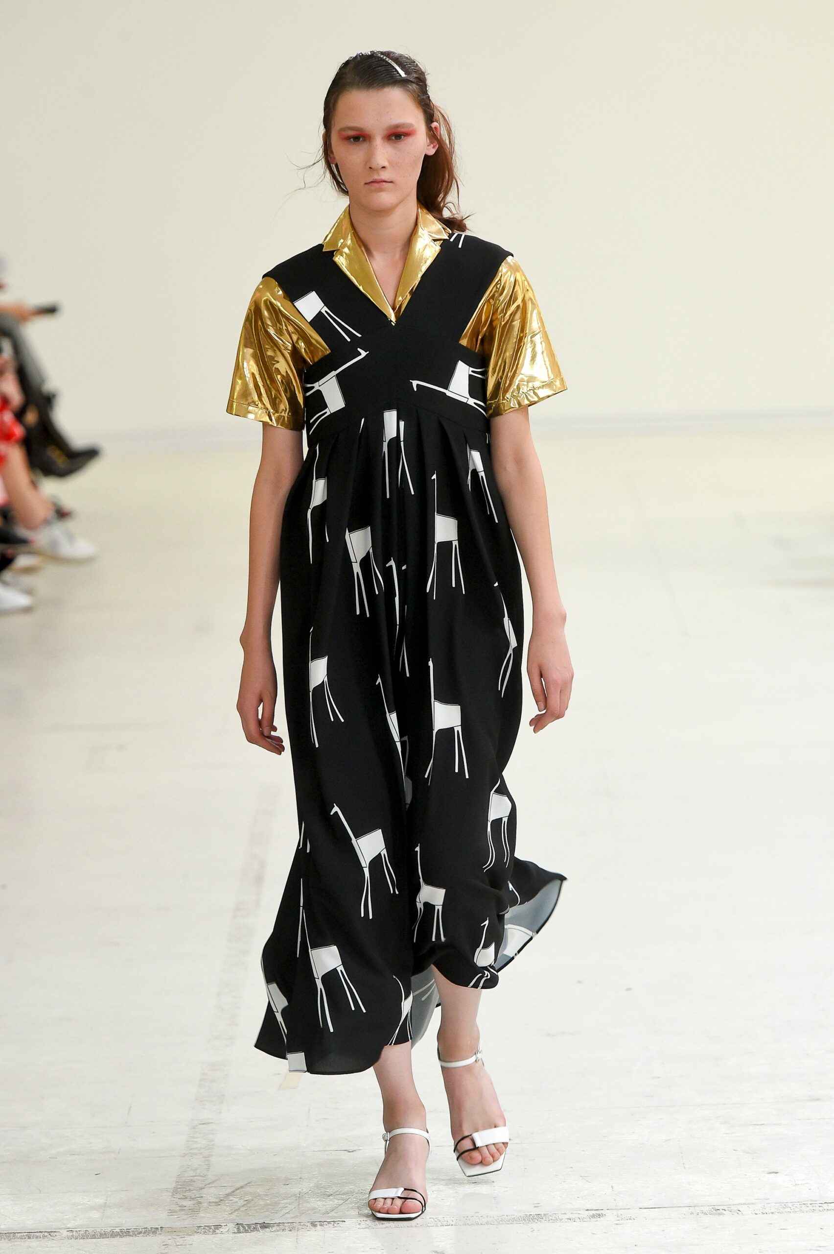 black and gold printed midi dress