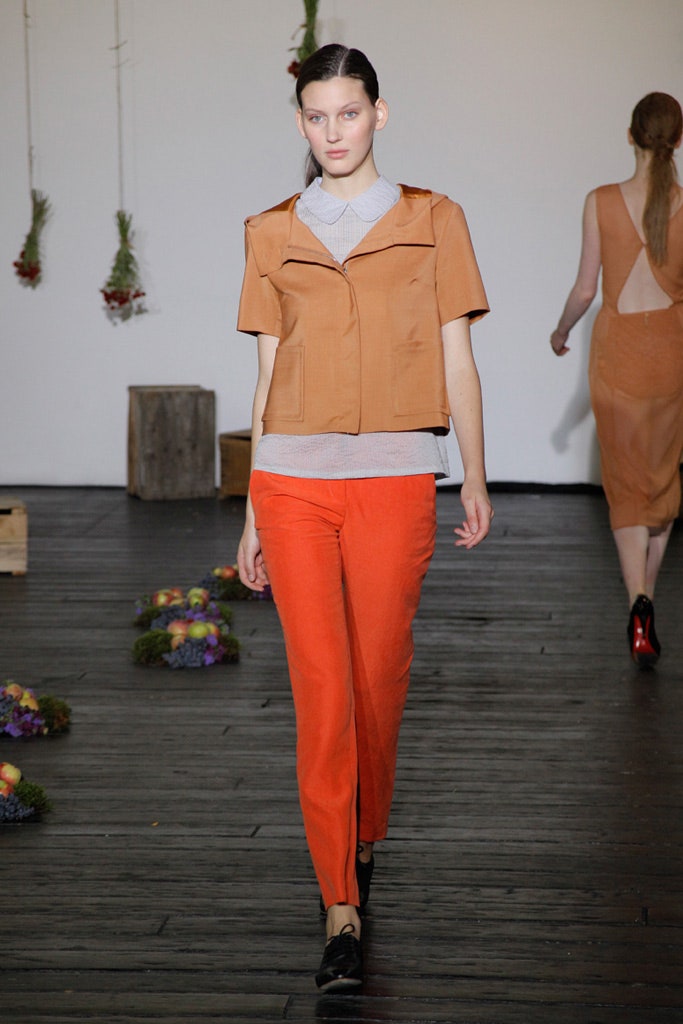 orange silk fitted jacket and pants