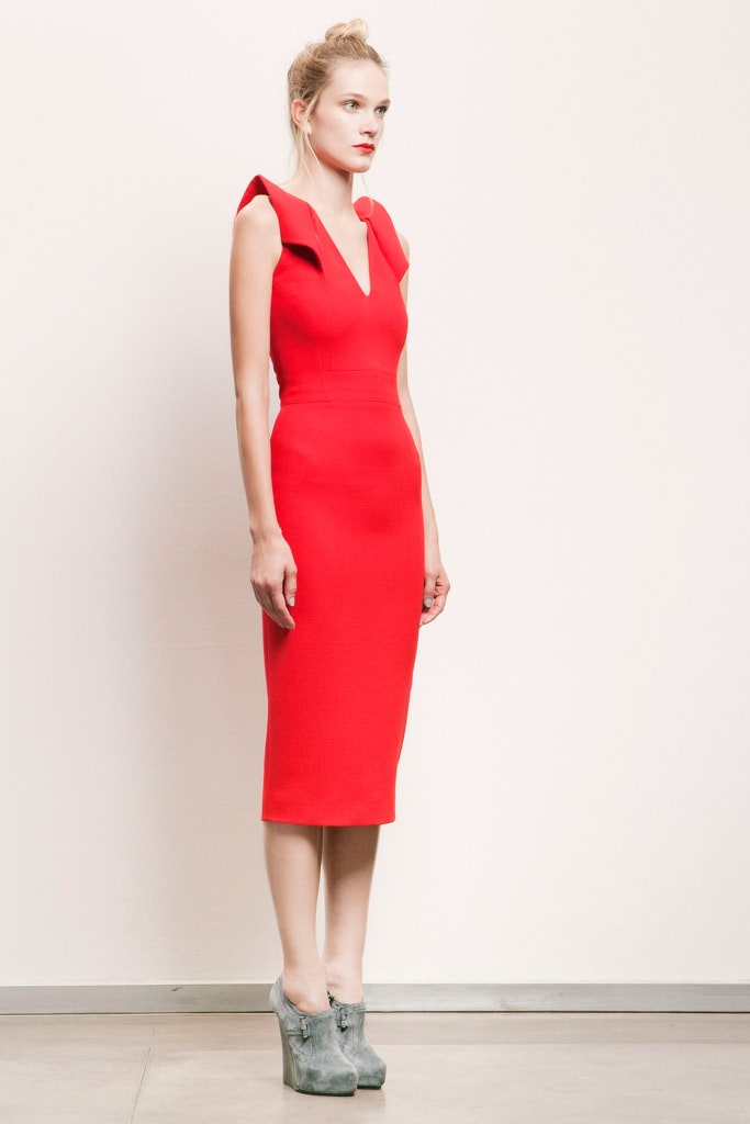 fitted red midi dress