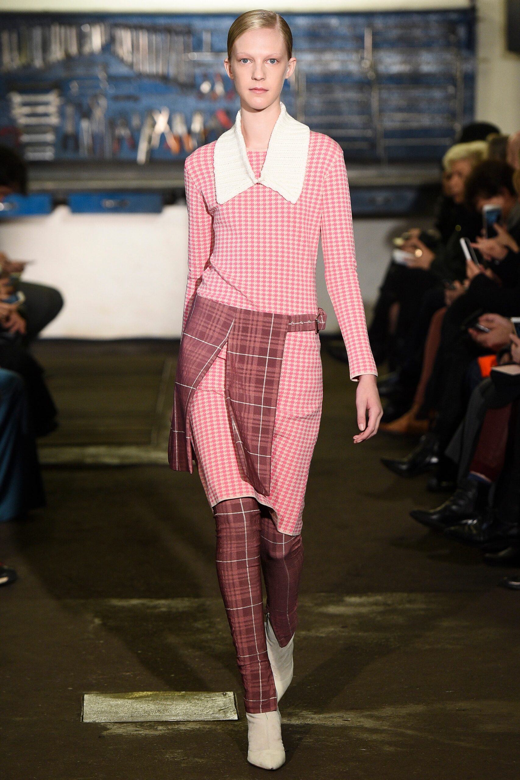 pink cotton long-sleeve collared fitted checked midi dress