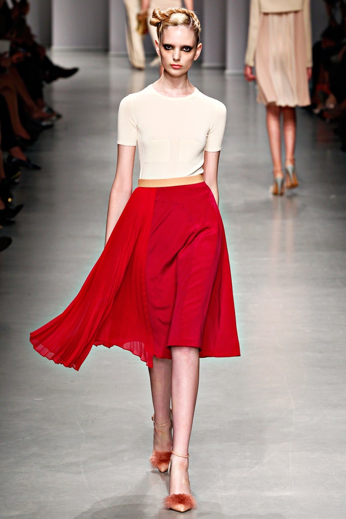 red silk fitted pleated a-line midi skirt