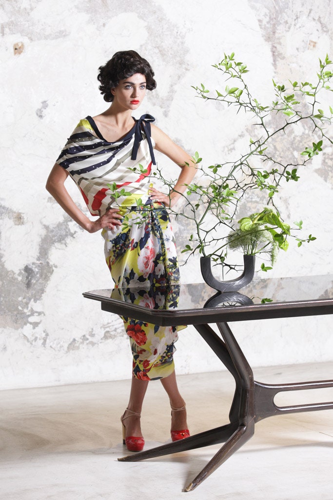 multi sleeveless off-shoulder fitted floral draped midi dress