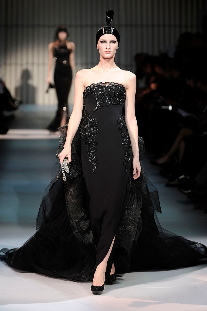 black silk strapless gown