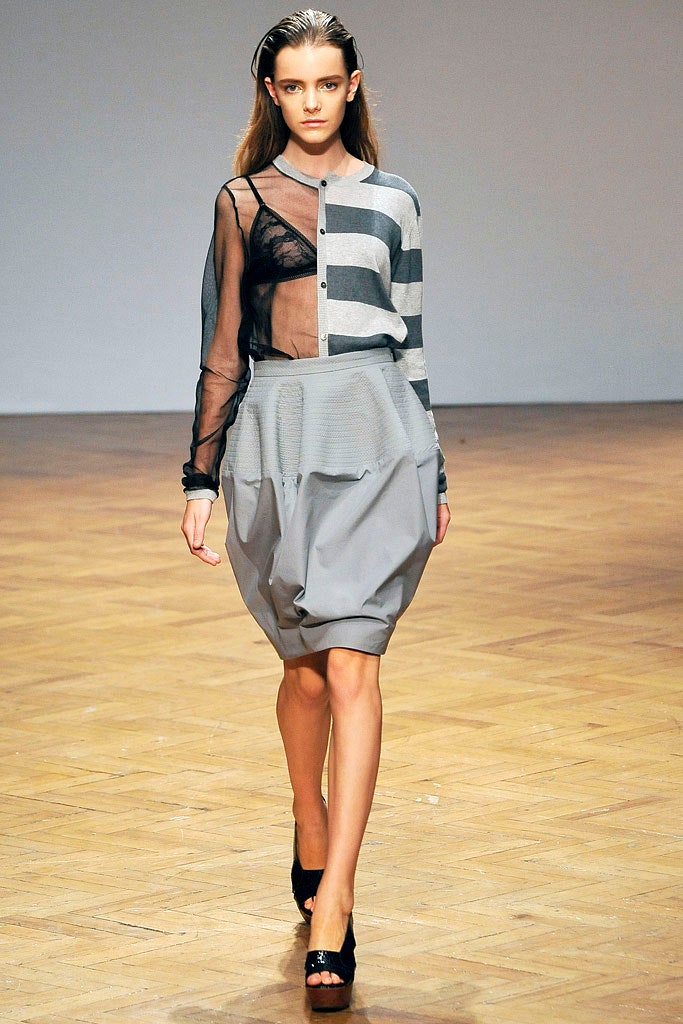 black and gray striped top with pleated skirt