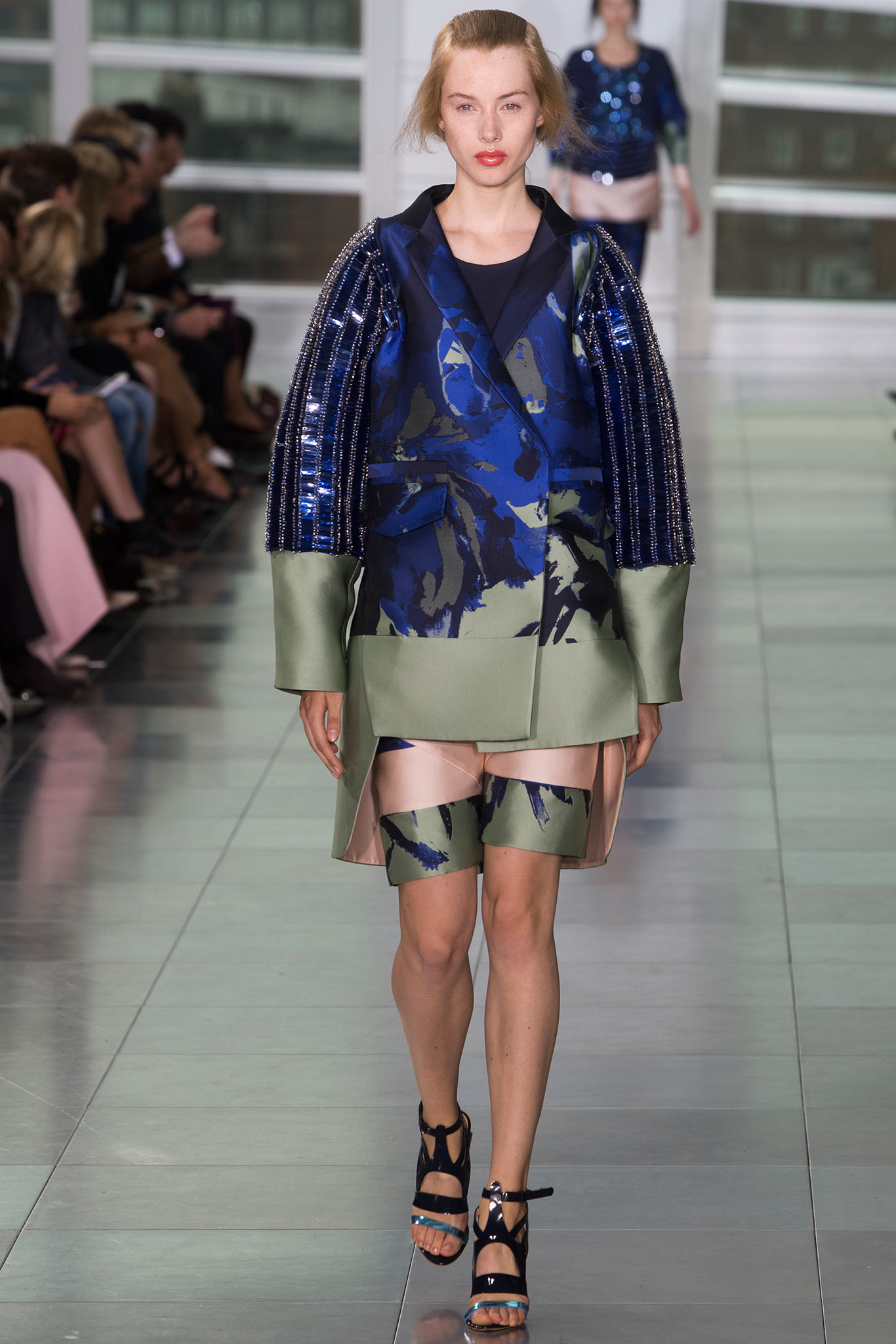 blue silk long-sleeve collared relaxed color-blocked embellished jacket