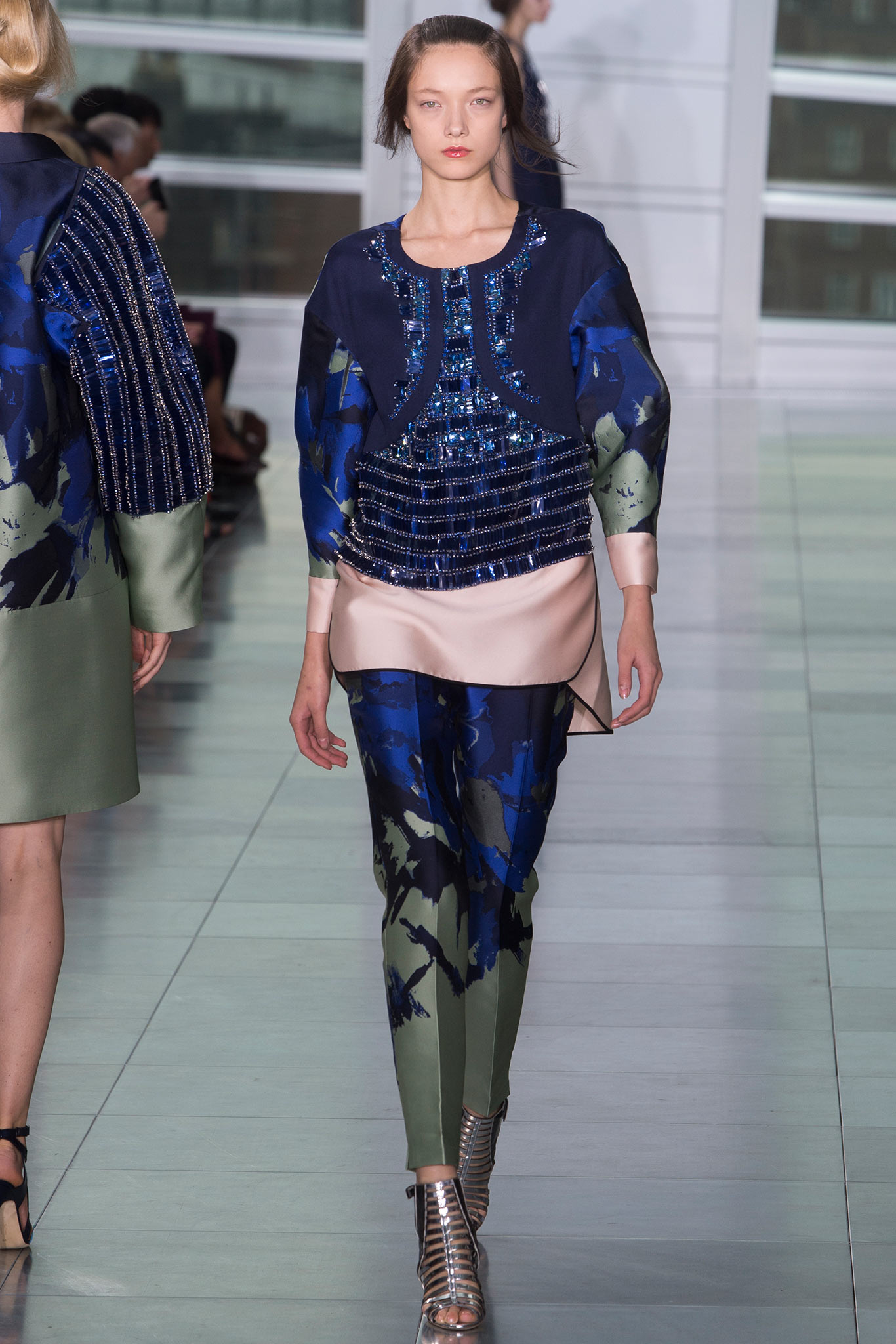 blue silk long-sleeve collared fitted layered top