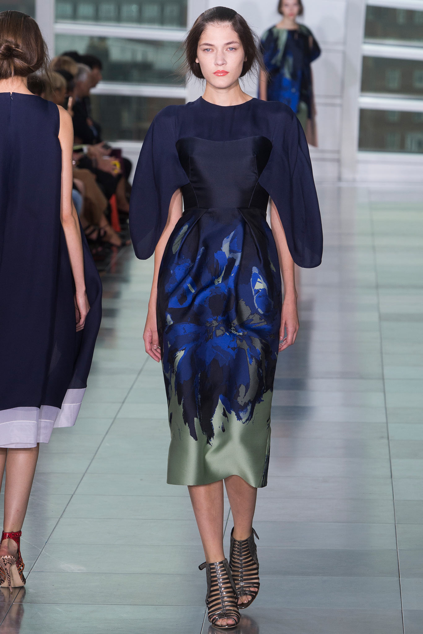 blue and green fitted midi dress