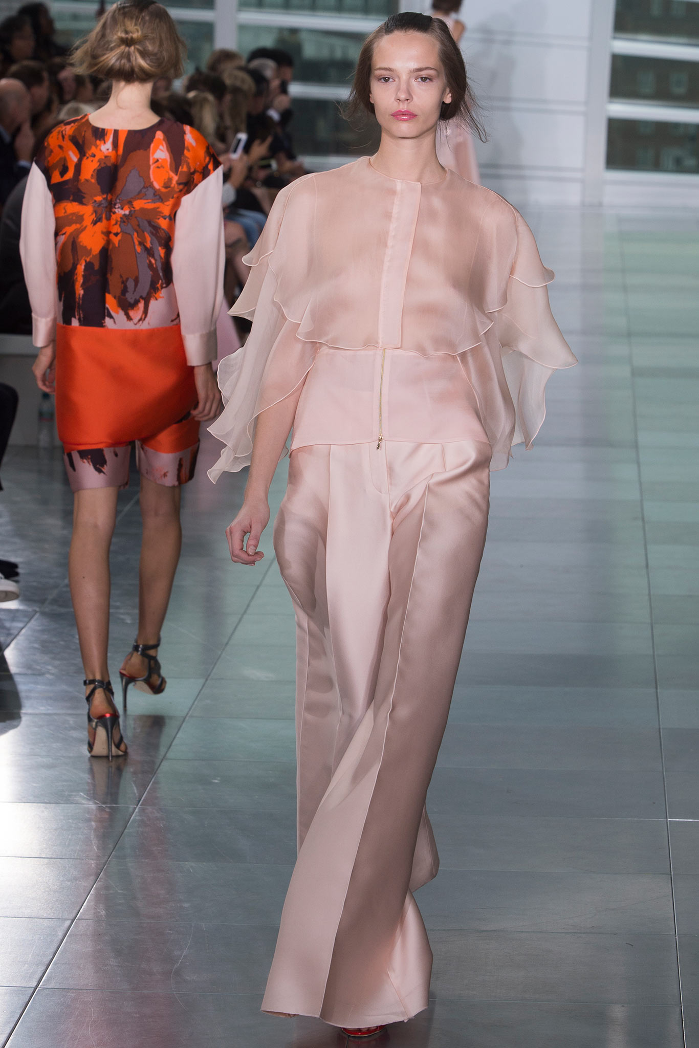 pink silk long-sleeve relaxed layered flowing top