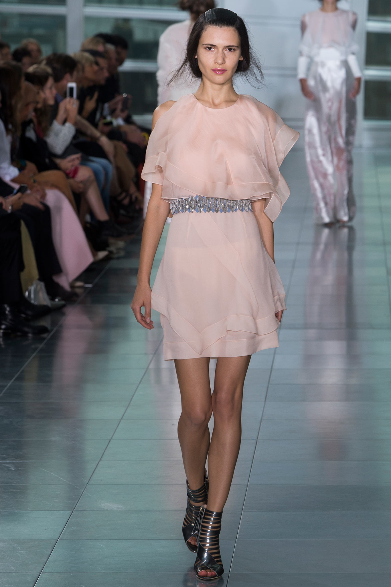pink layered mini dress with strappy shoes