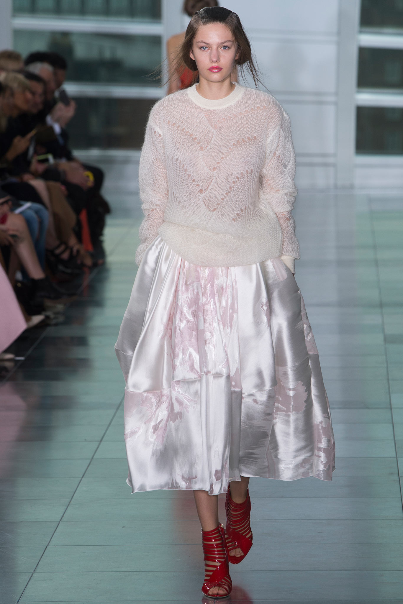 white relaxed sweater pink midi skirt