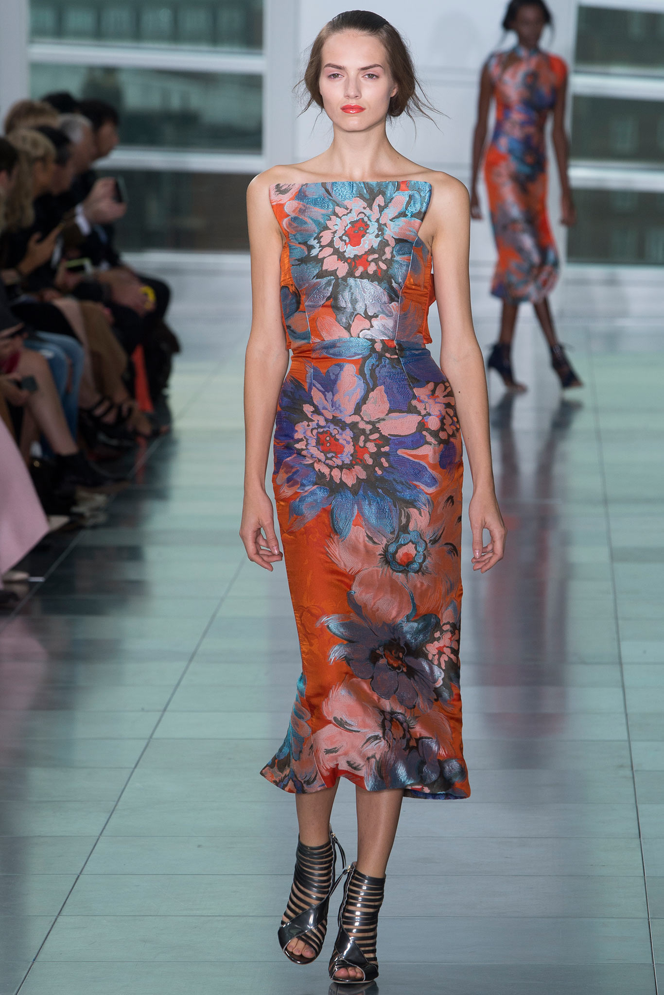 floral silk fitted midi dress