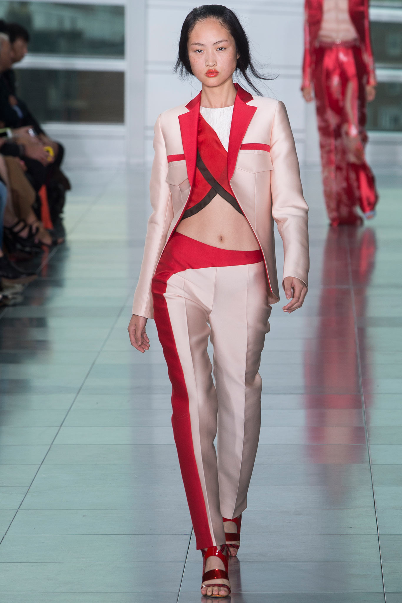 beige and red color-blocked suit