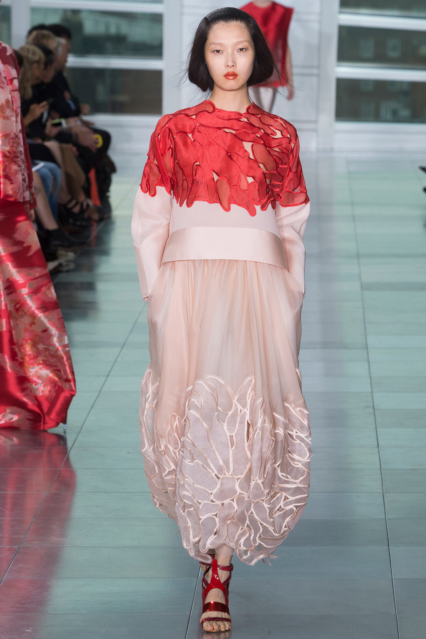 red and beige embroidered midi dress