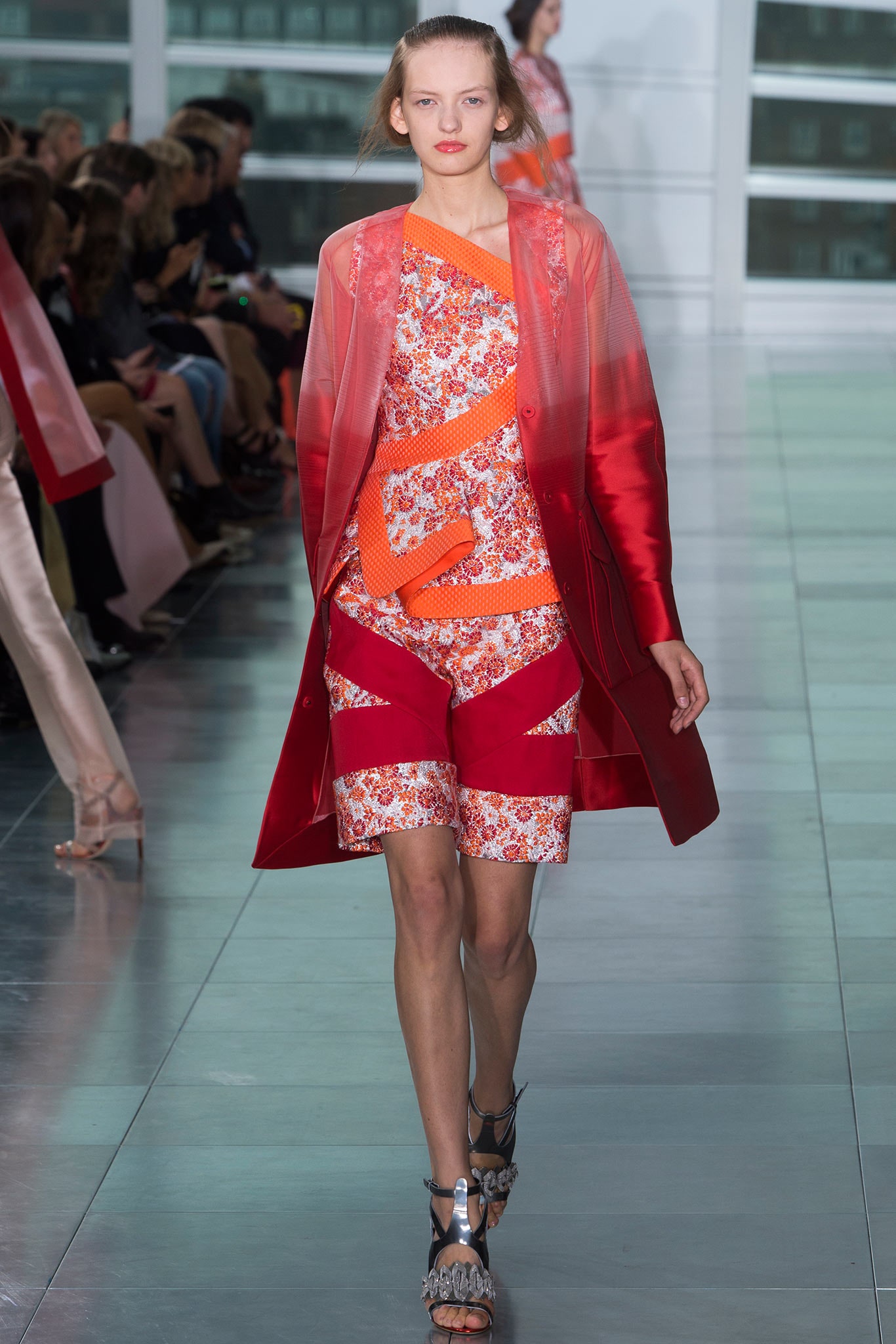 red silk coat with printed top and shorts
