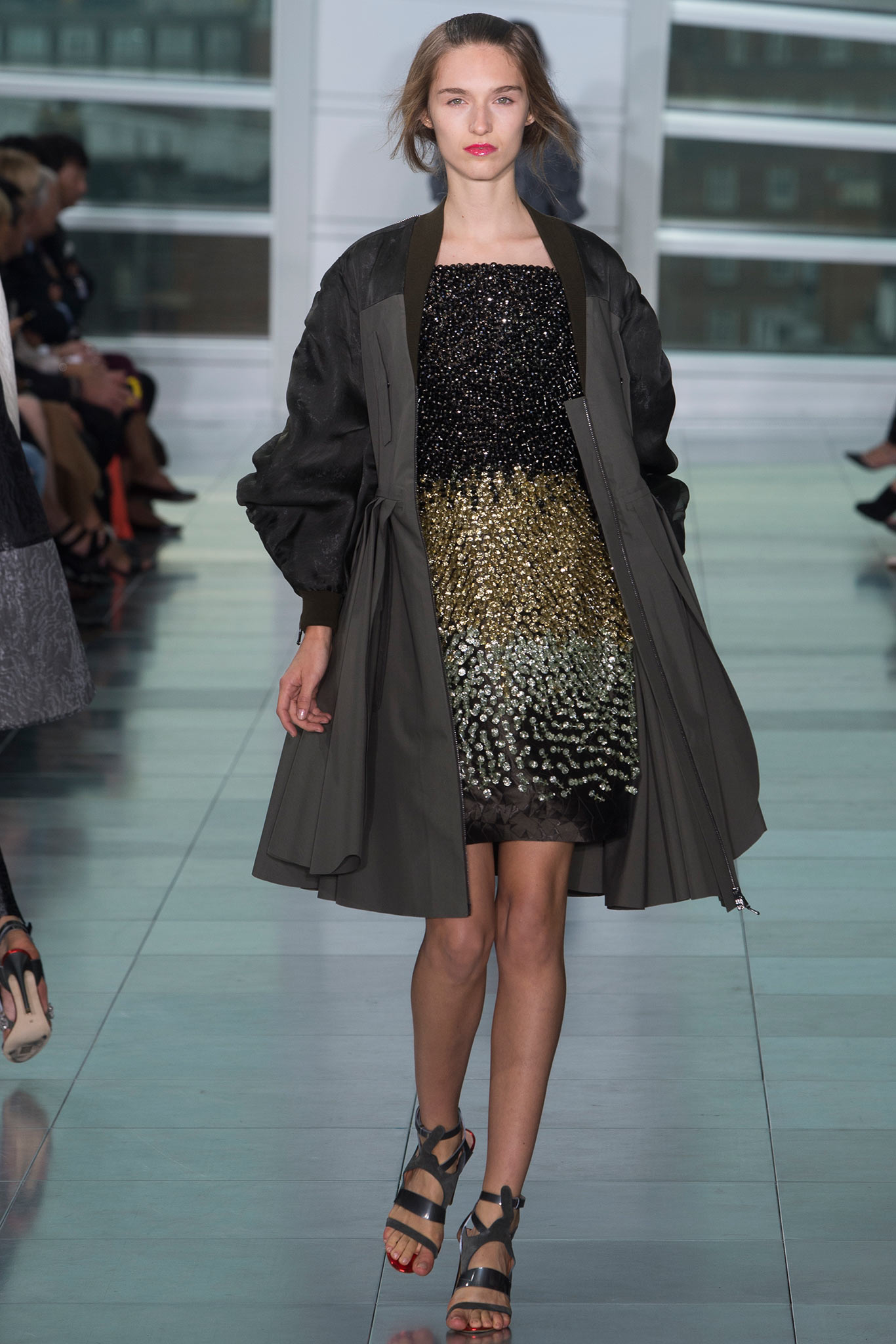 mini beaded dress with gray coat