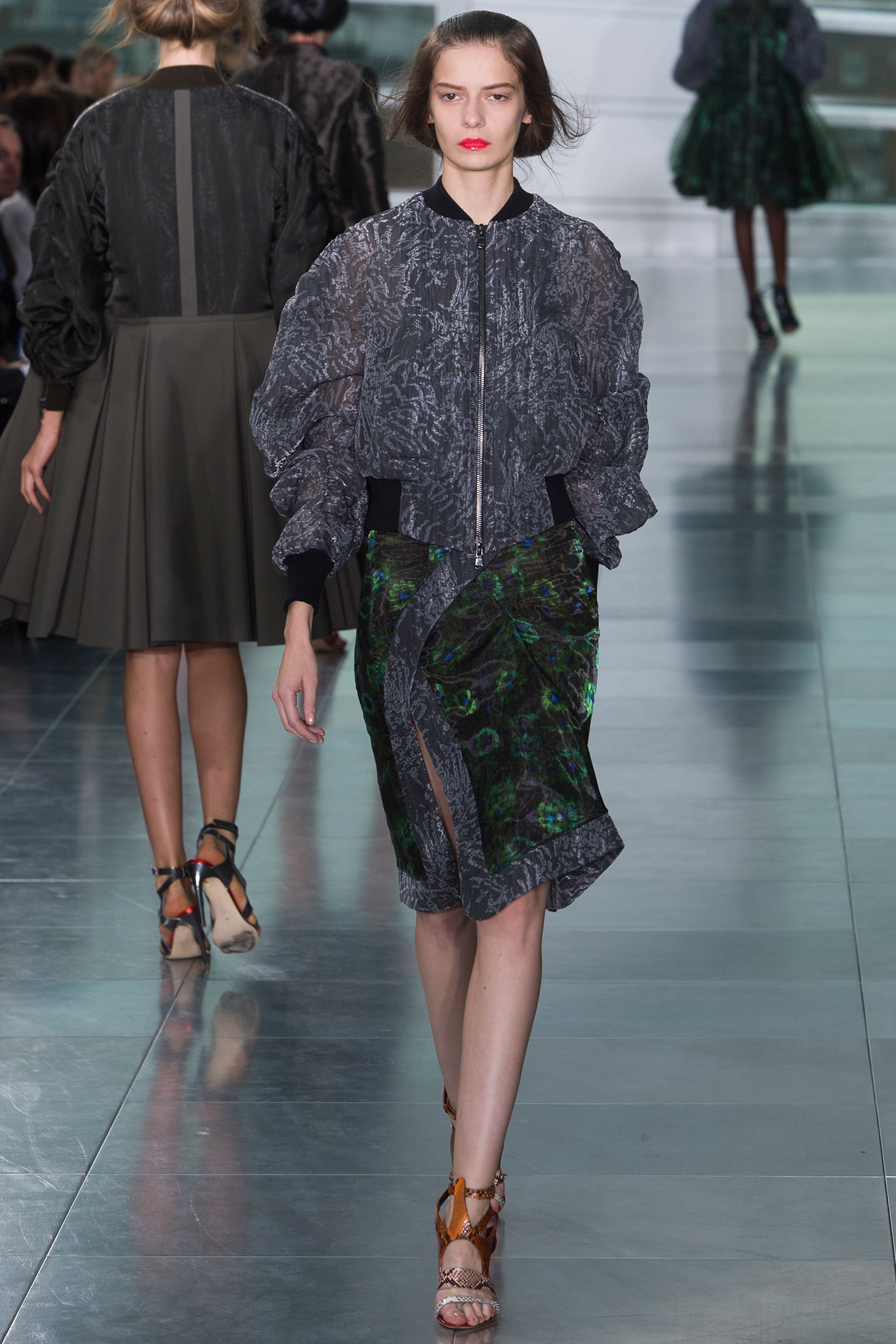 black silk long-sleeve collared fitted padded textured jacket
