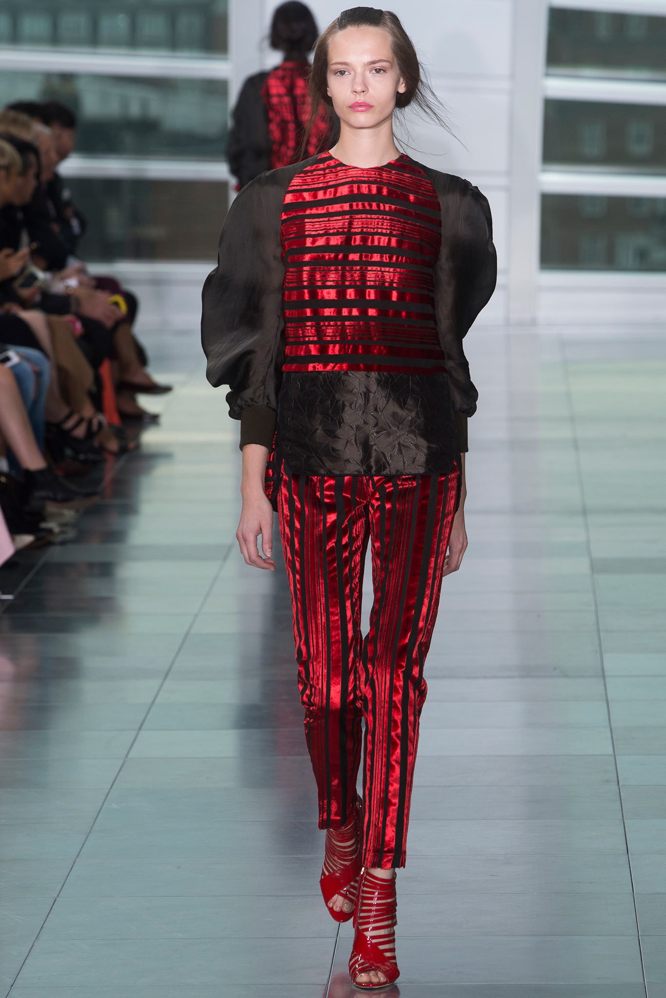 black and red striped top with fitted pants