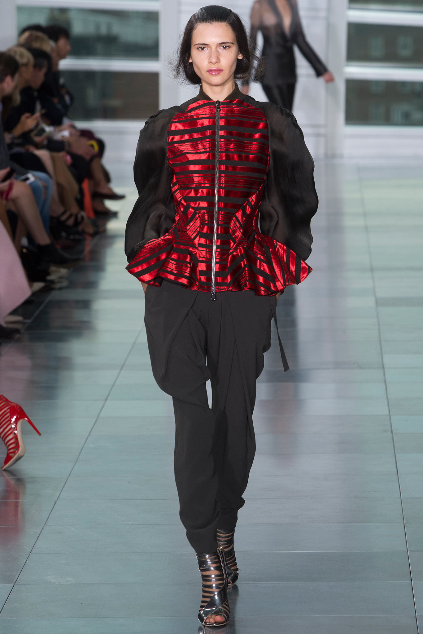 red silk long-sleeve collared fitted zippered pleated top