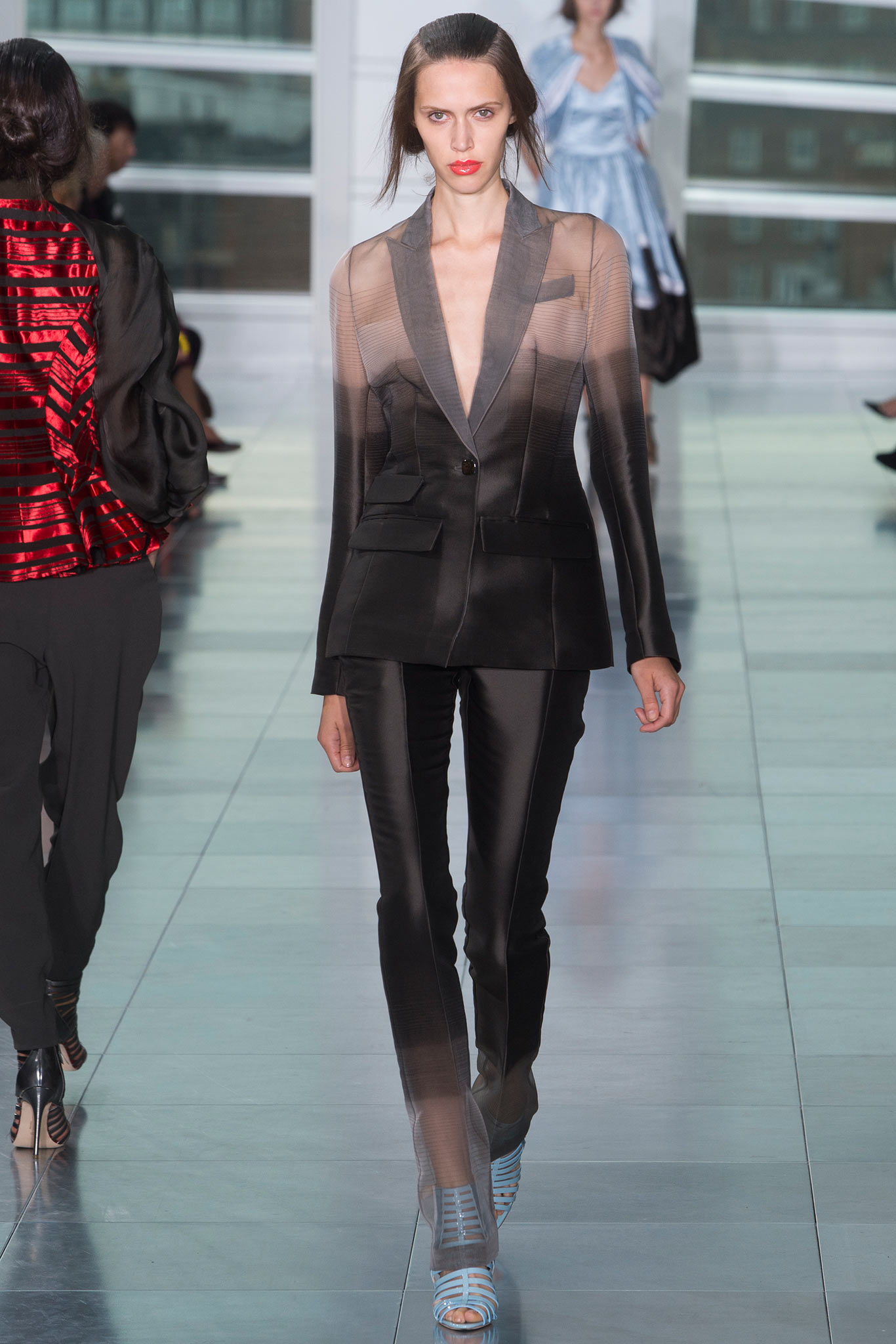 black silk long-sleeve v-neck fitted buttoned sheer blazer