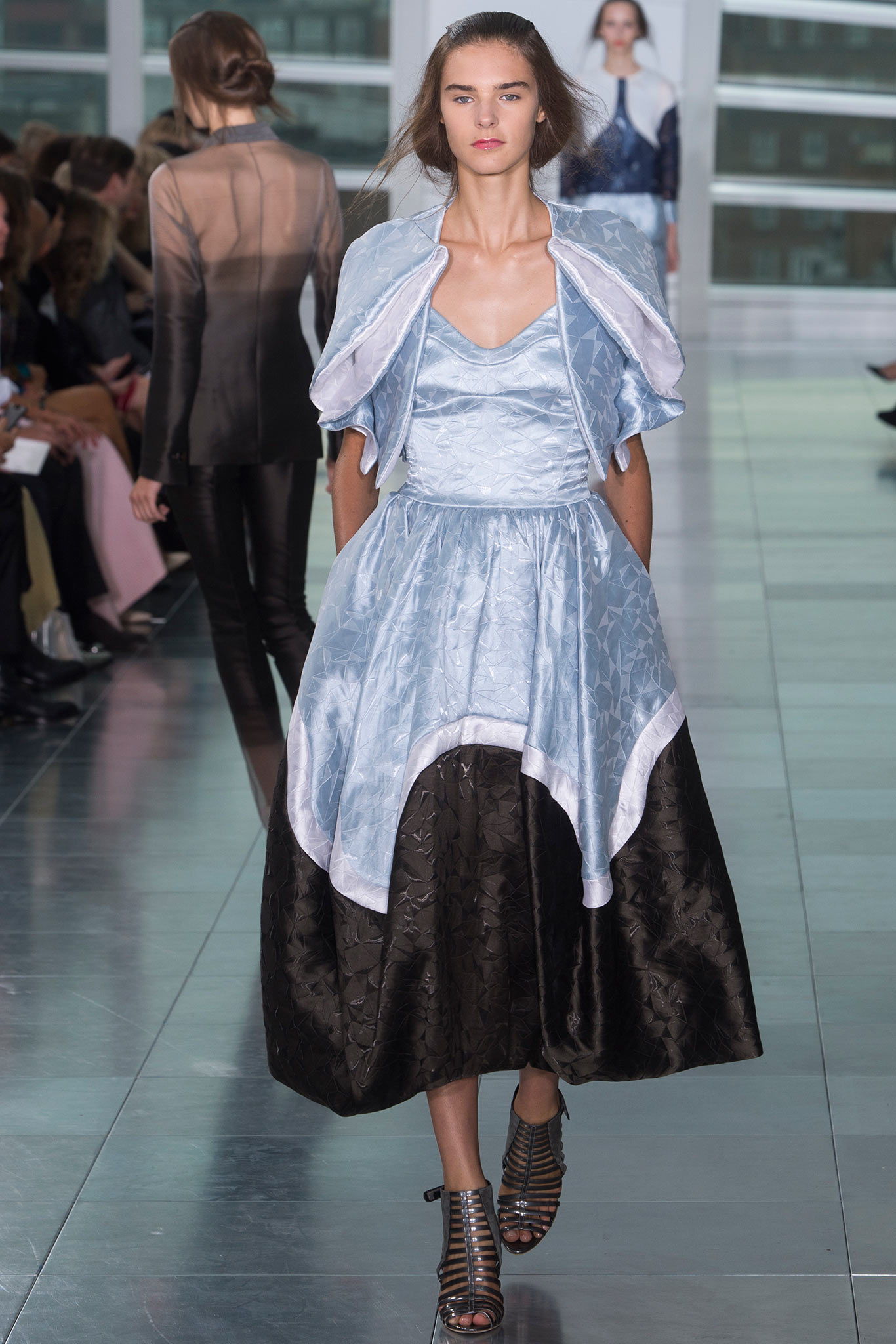 blue silk midi dress with layered jacket