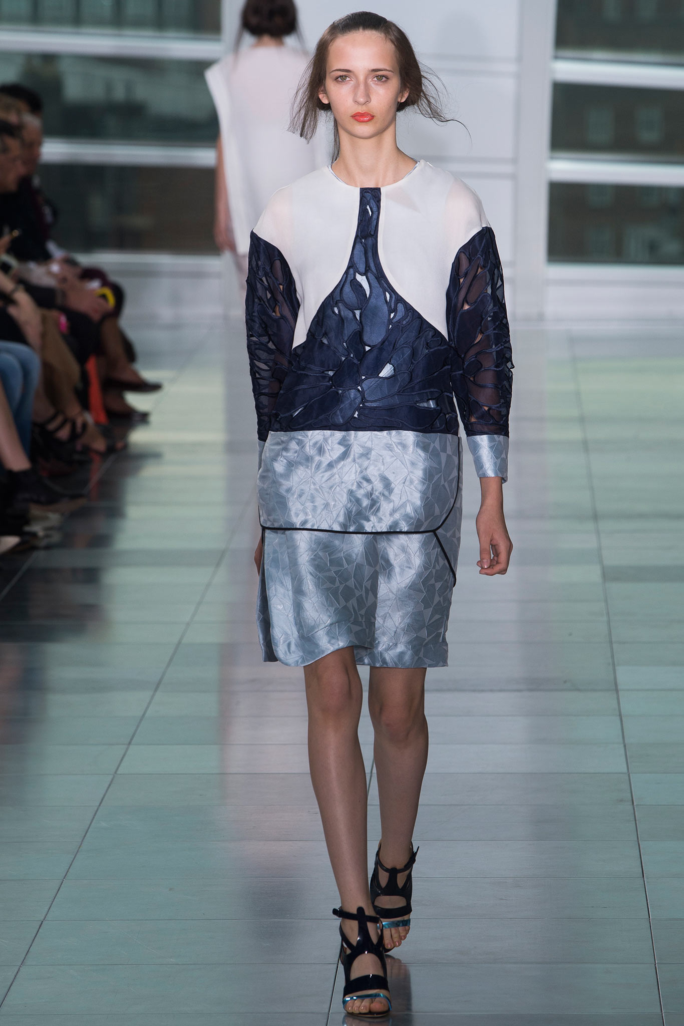 blue and white layered midi dress