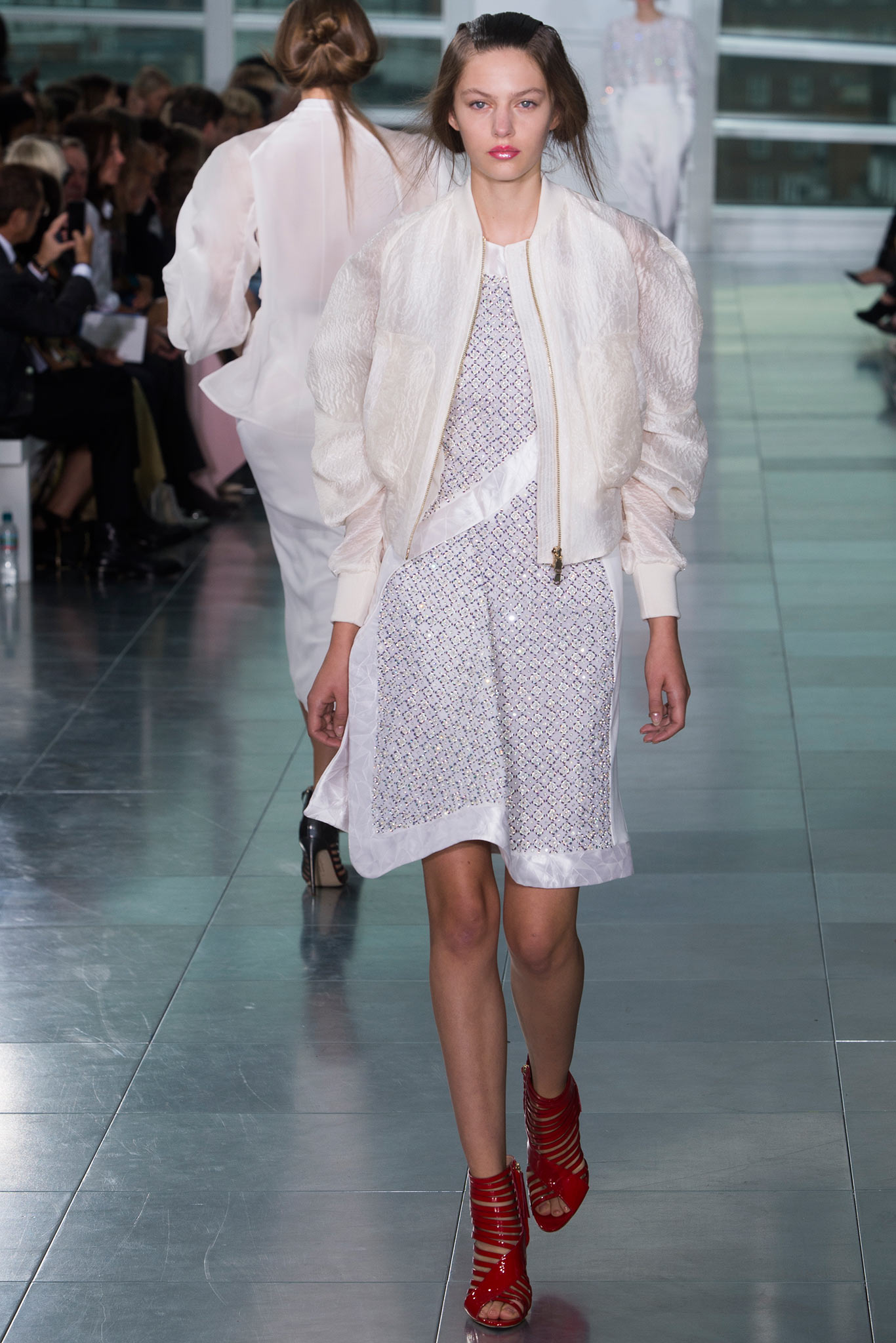white relaxed jacket and midi dress