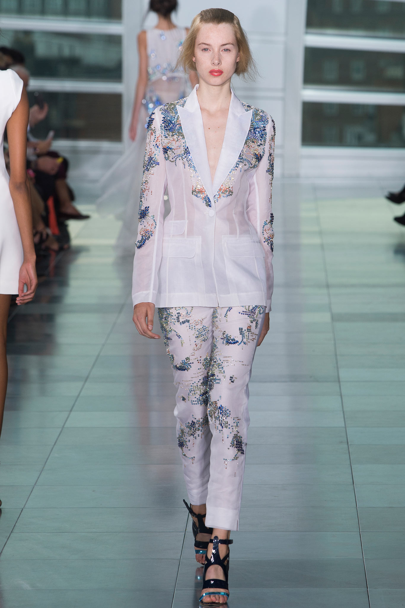 white embroidered silk blazer and pants