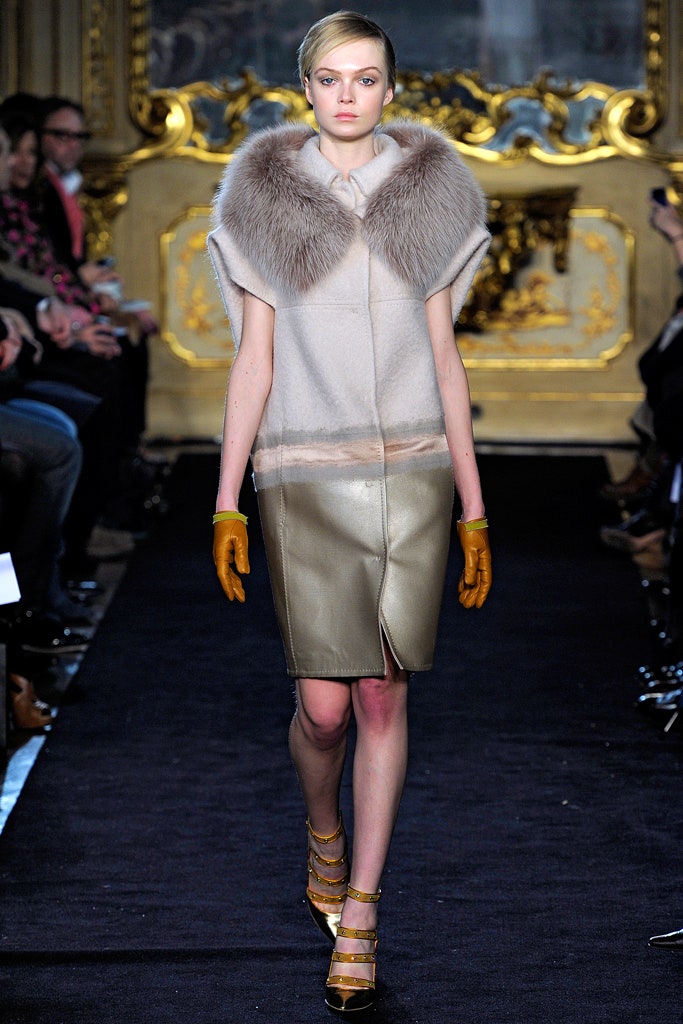 beige wool coat with fur collar