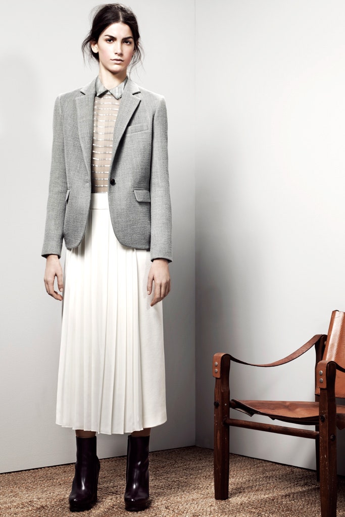 gray tailored blazer white pleated skirt
