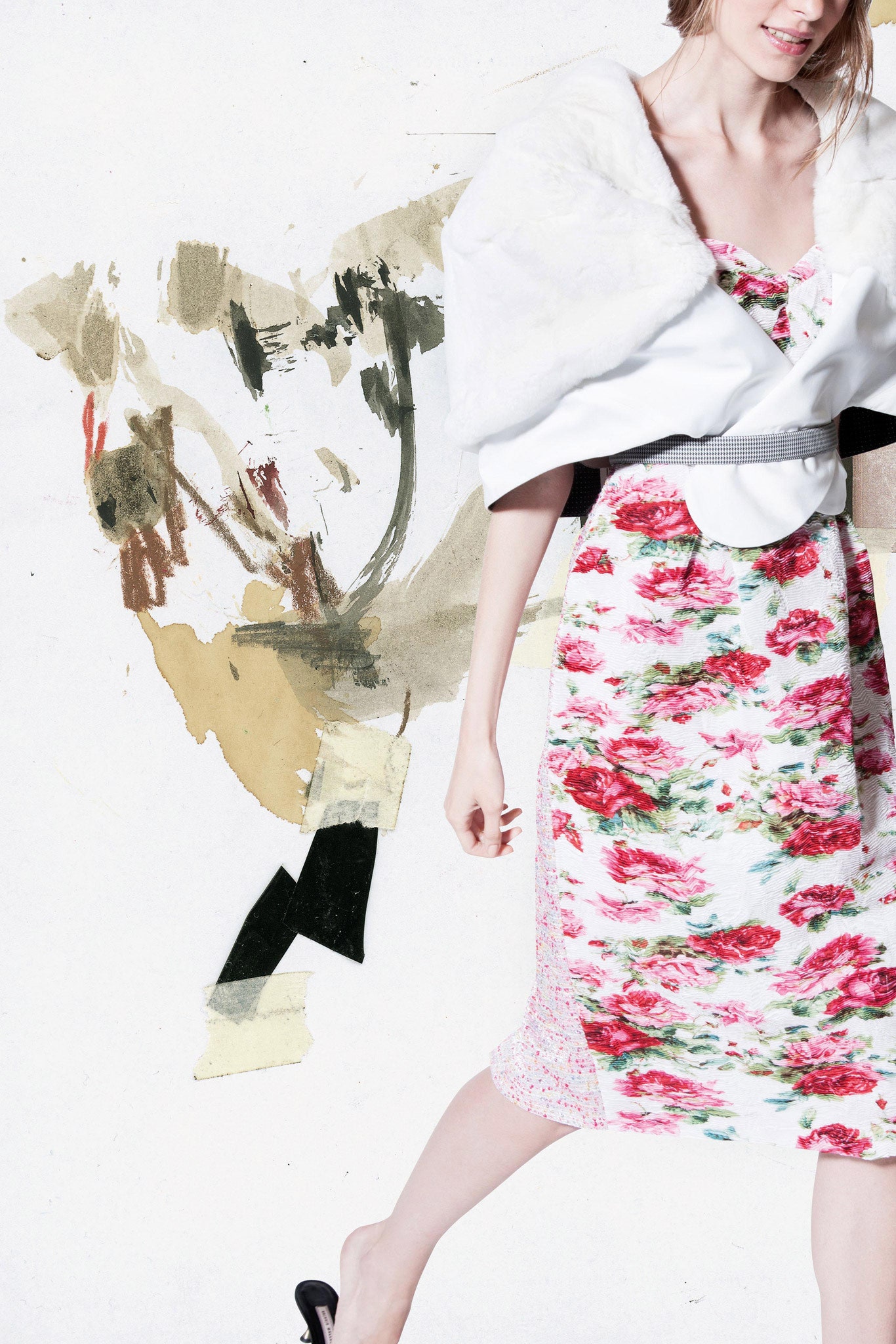 floral midi dress with faux-fur cape