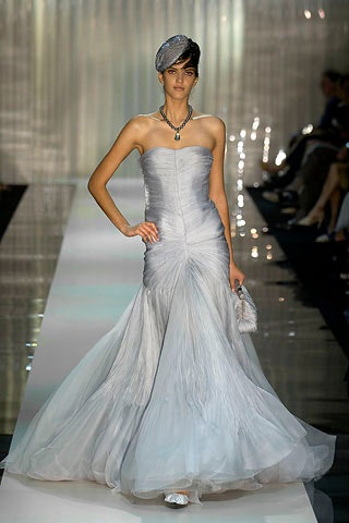 gray silk strapless gown