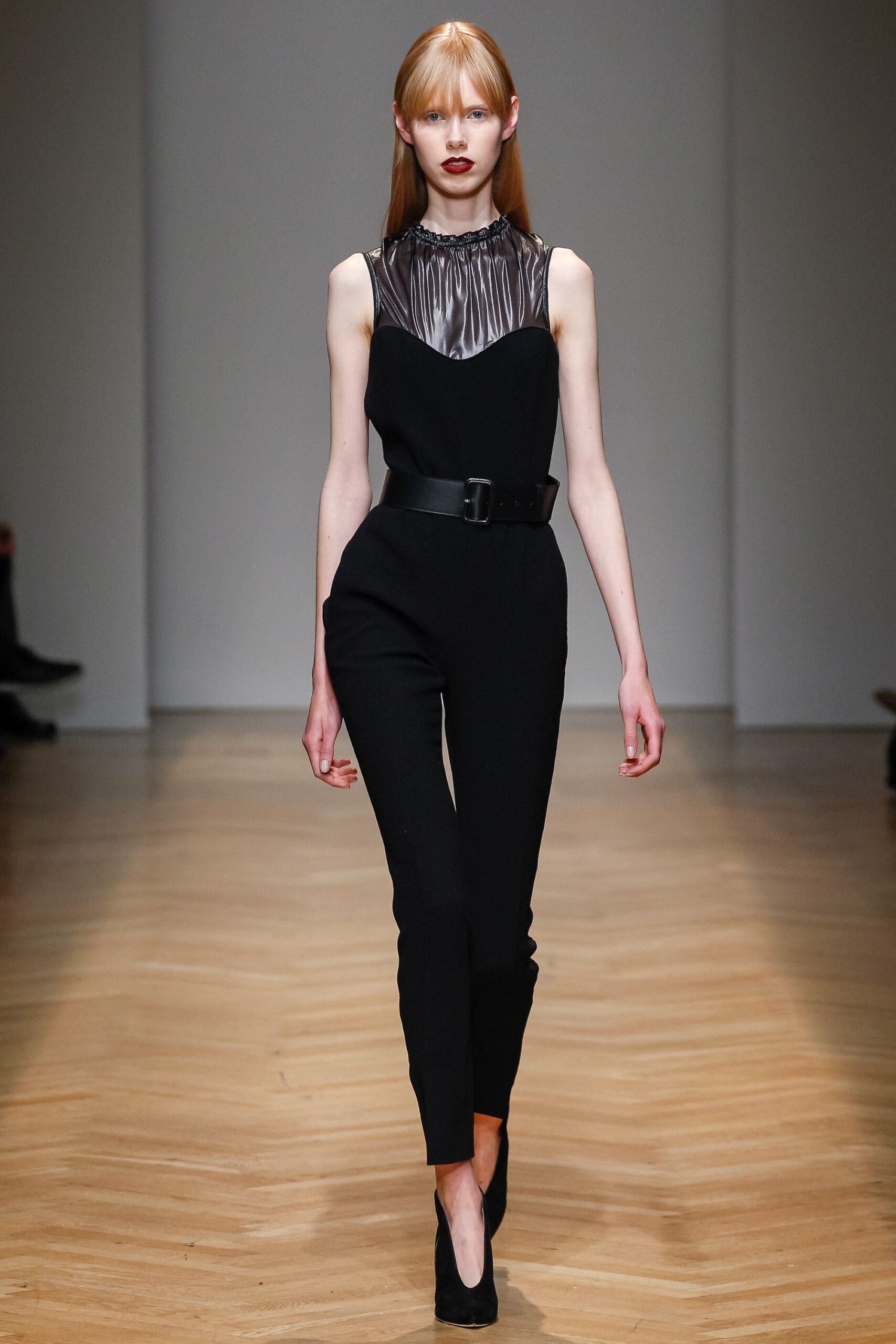 black cotton sleeveless high-neck fitted zippered belted jumpsuit