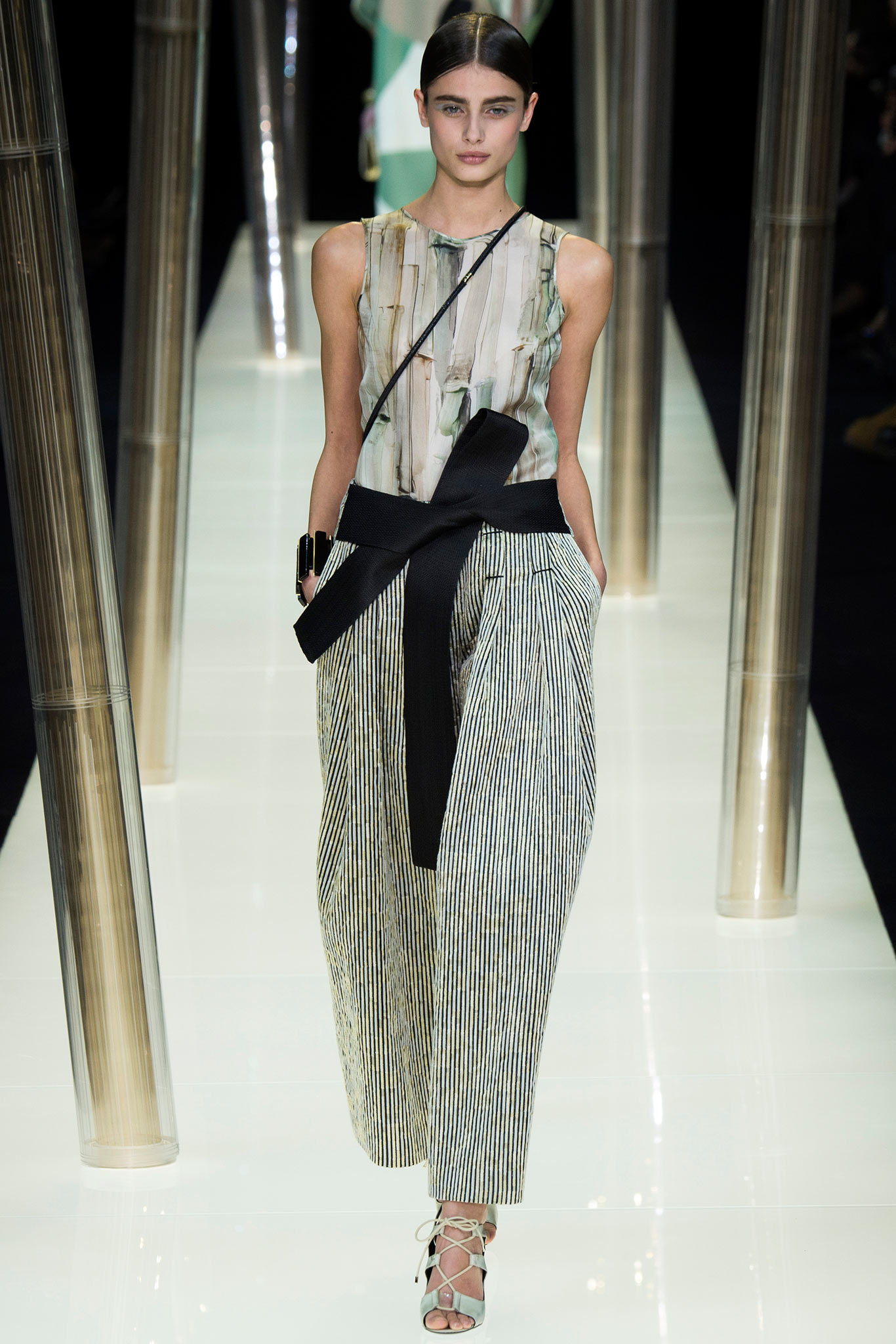 multi-colored silk sleeveless top with striped pants