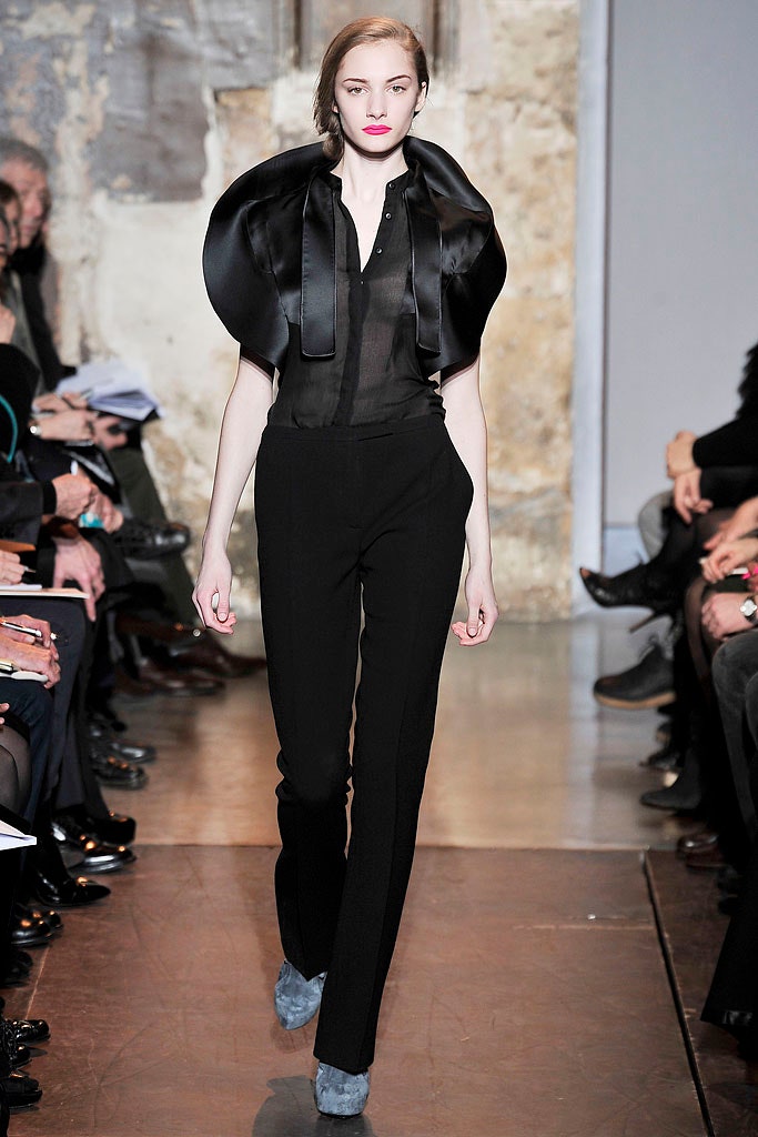 black silk long-sleeve collared fitted draped top