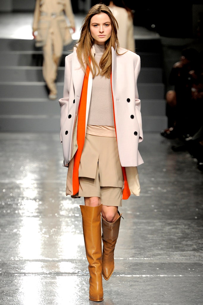beige wool coat with orange detail