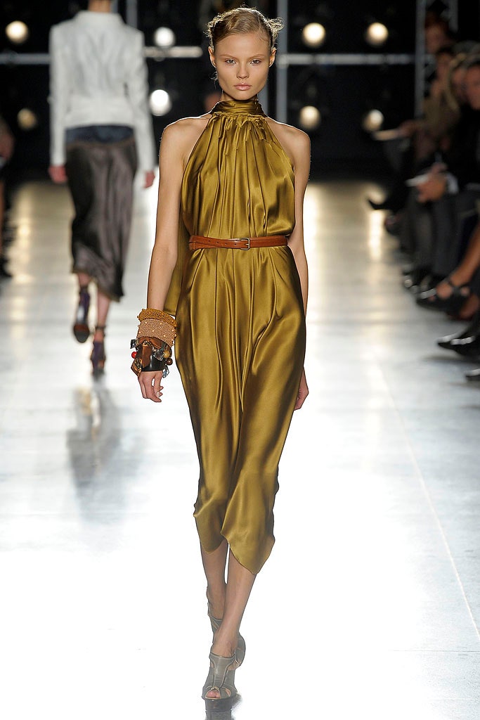 fitted gold silk midi dress
