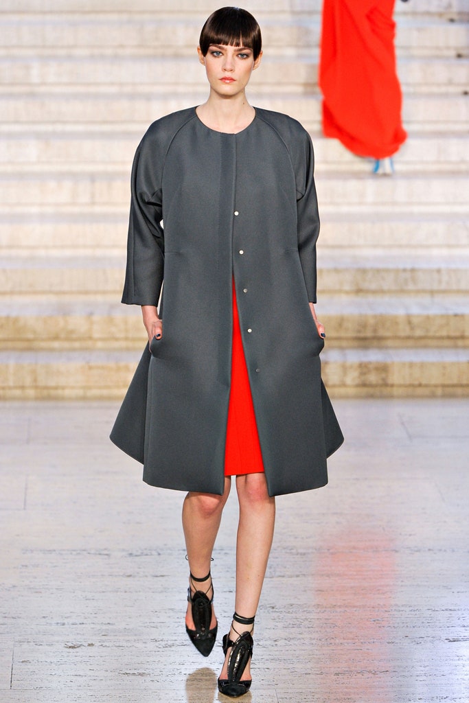 gray wool coat and red dress