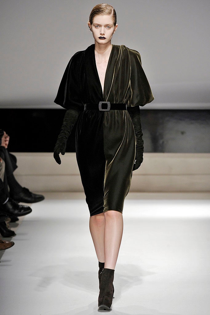 green velvet fitted dress with gloves