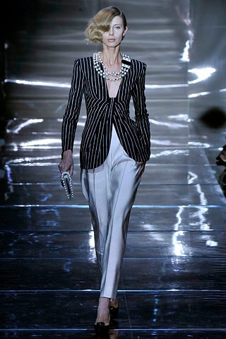 black and white striped blazer with slim pants