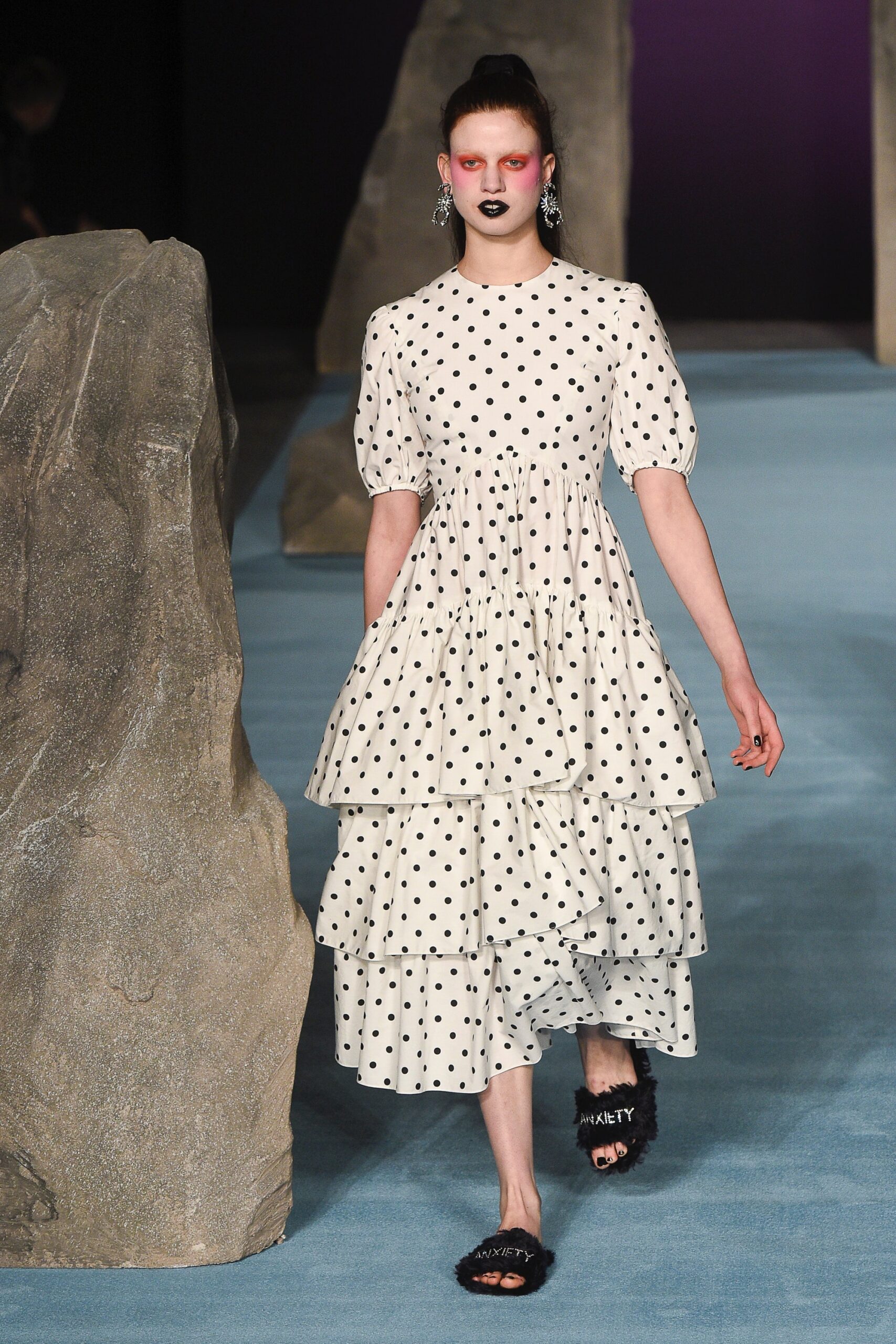 white polka-dot midi dress