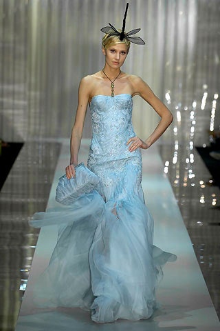 blue silk strapless gown