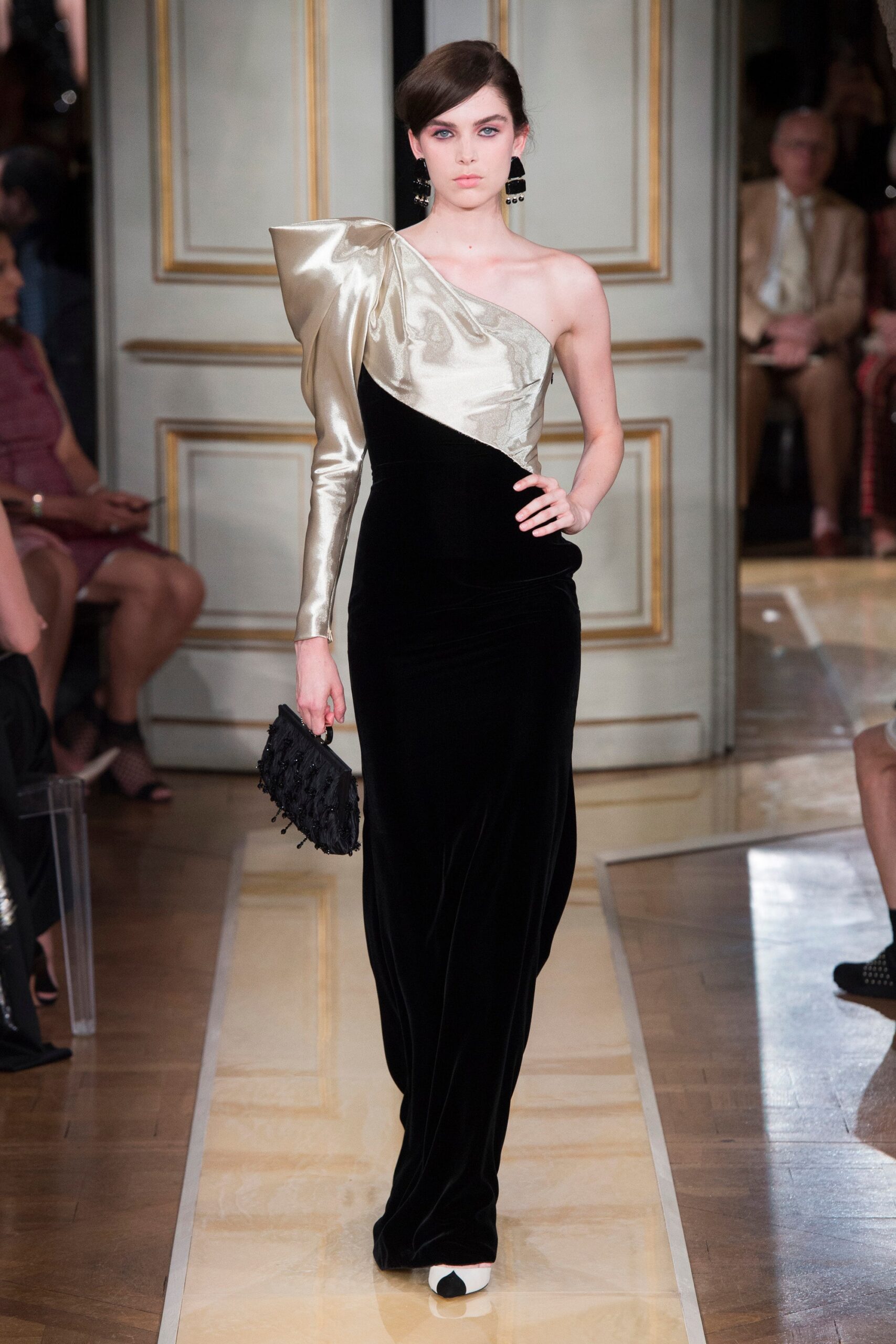 black and gold asymmetric gown